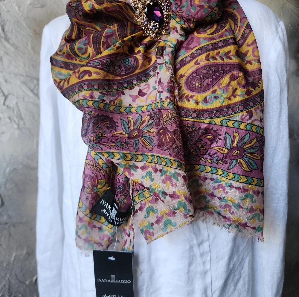 Designer Purple Scarf 100% Soft Silk Paisley Print Violet Gold Brooch